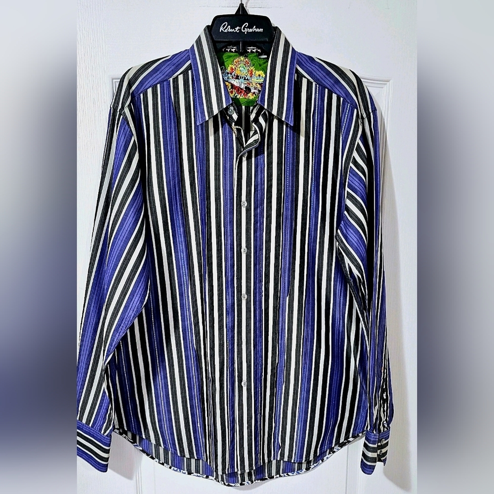 Robert Graham Men's Shirt - Blue, Black, and White Stripes